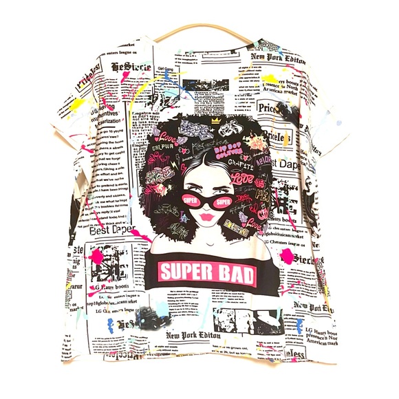 WOWO Boxy Baby Tee Novelty Graphic Print Top Plus SZ 2X XXL Super Bad Newspaper - Picture 2 of 7